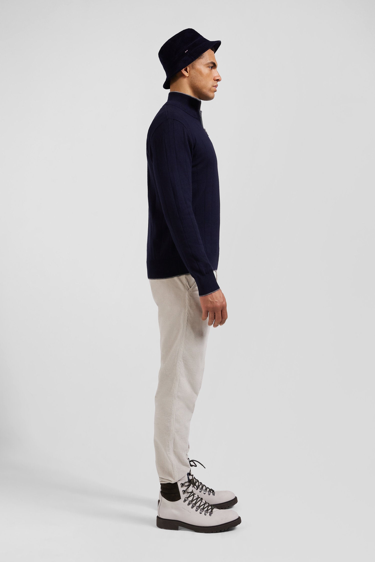 Regular Navy Blue Semi-Zipped Cotton And Cashmere Jumper_09