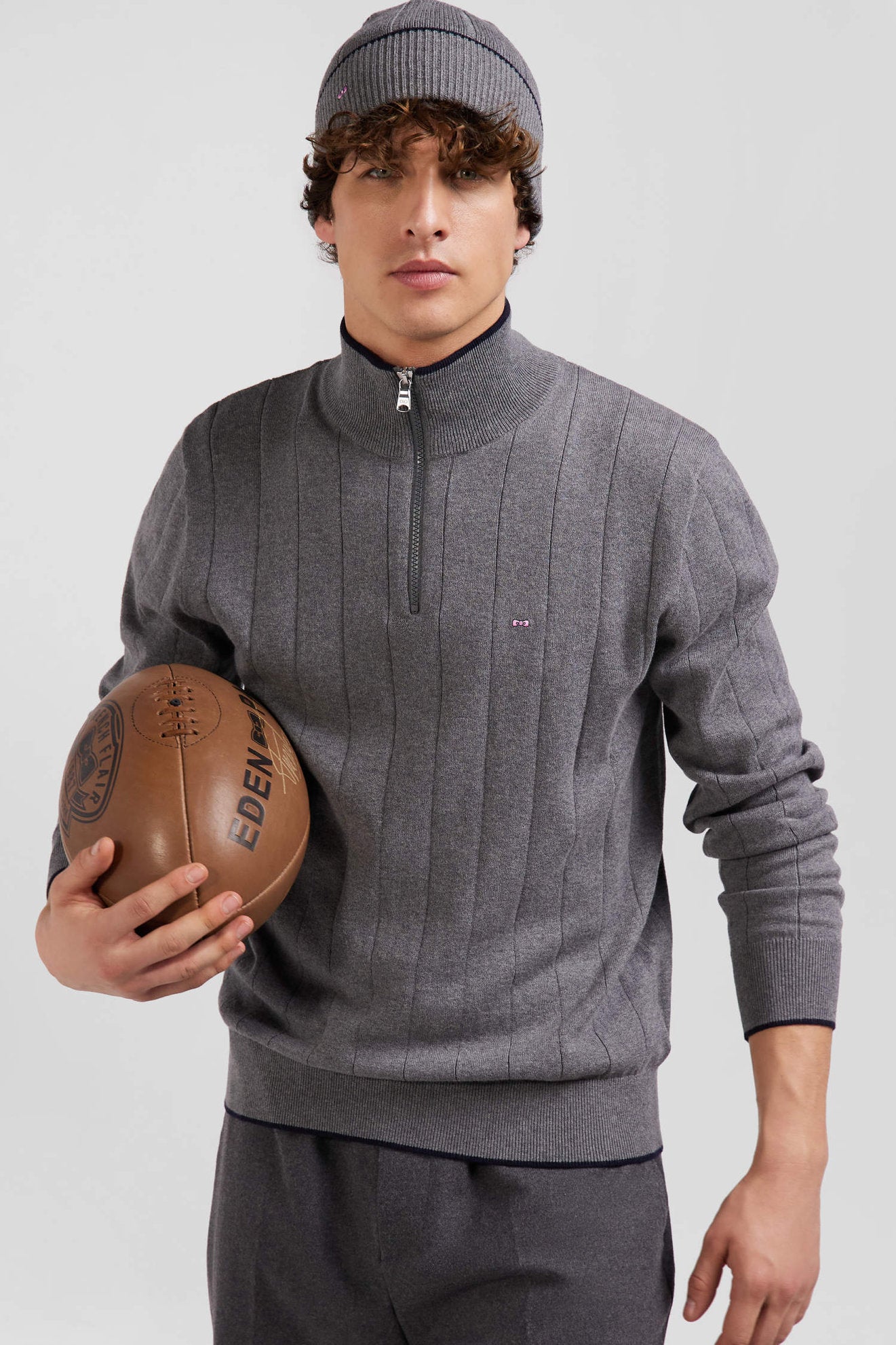 Regular Grey Semi-Zipped Cotton And Cashmere Jumper_01