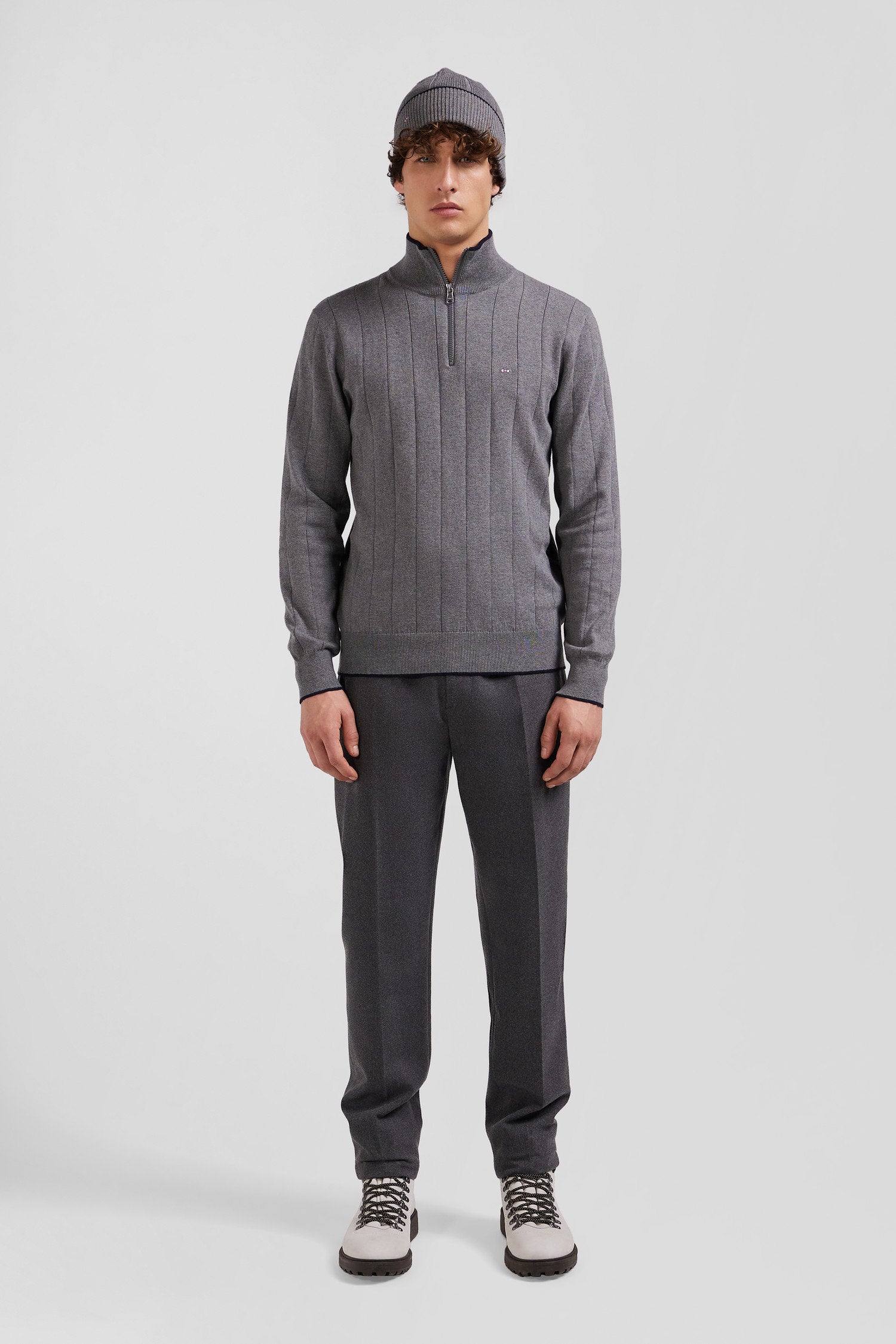 Regular Grey Semi-Zipped Cotton And Cashmere Jumper_02