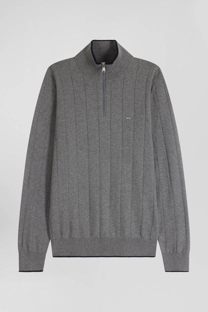 Regular Grey Semi-Zipped Cotton And Cashmere Jumper_04