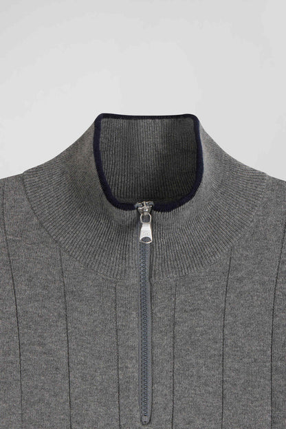 Regular Grey Semi-Zipped Cotton And Cashmere Jumper_06