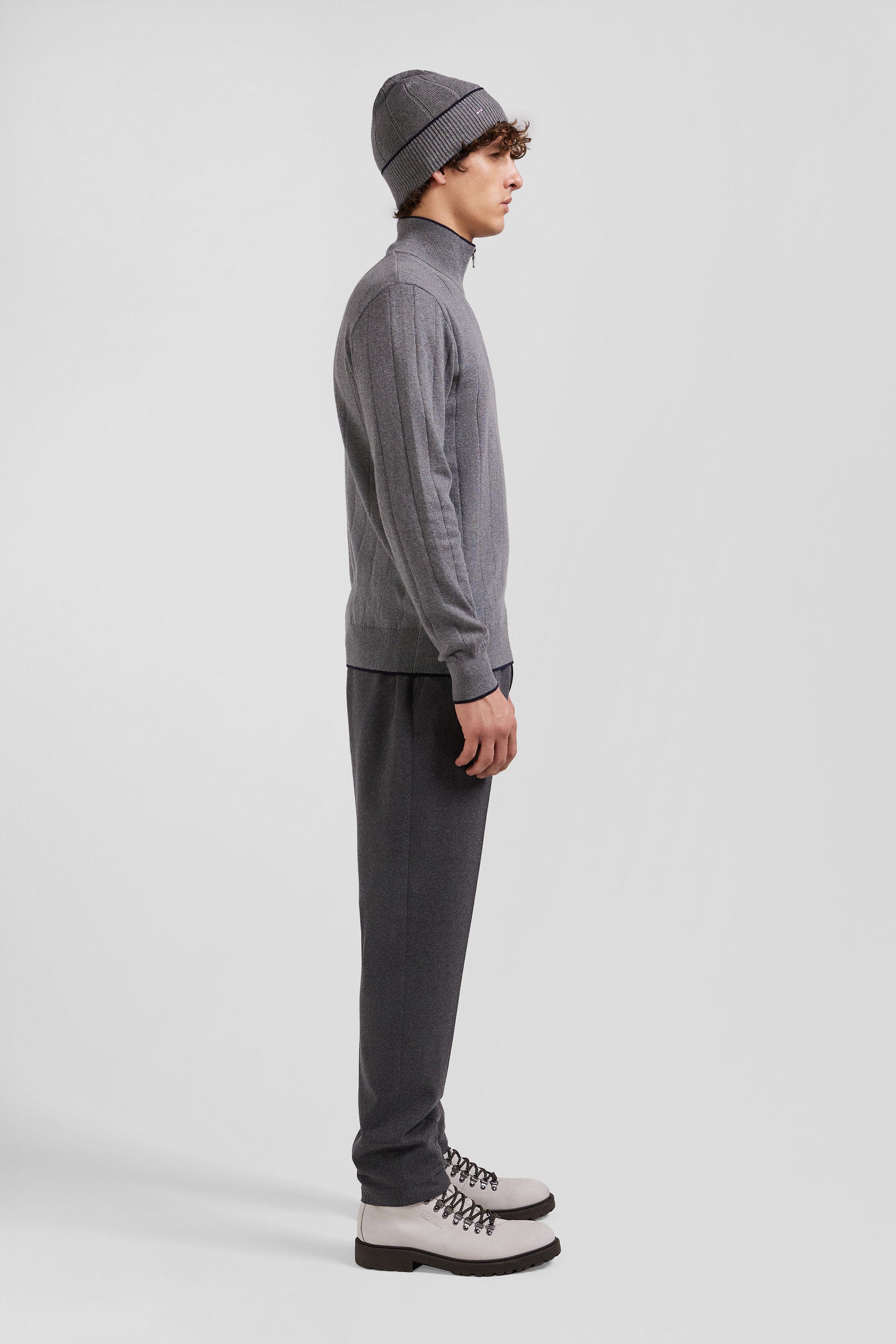 Regular Grey Semi-Zipped Cotton And Cashmere Jumper_09