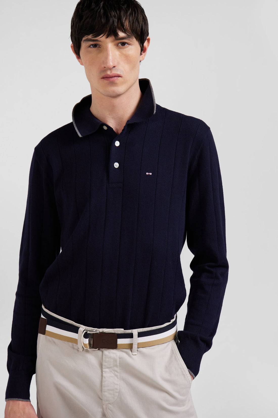 Regular Navy Blue Cotton And Cashmere Jumper With Rugby Shirt Collar_01