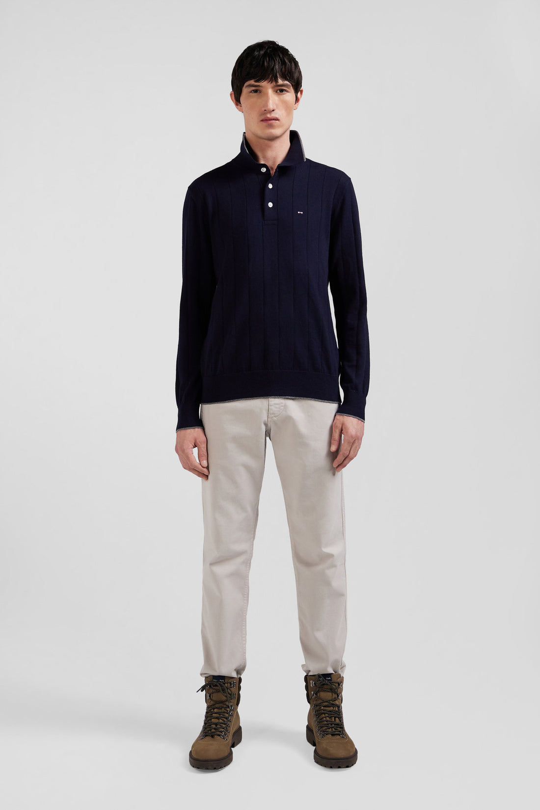 Regular Navy Blue Cotton And Cashmere Jumper With Rugby Shirt Collar_02