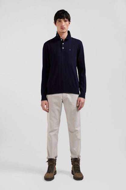 Regular Navy Blue Cotton And Cashmere Jumper With Rugby Shirt Collar_02