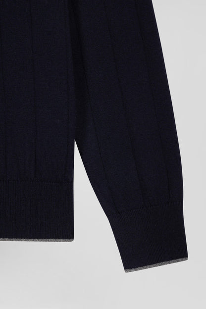 Regular Navy Blue Cotton And Cashmere Jumper With Rugby Shirt Collar_07