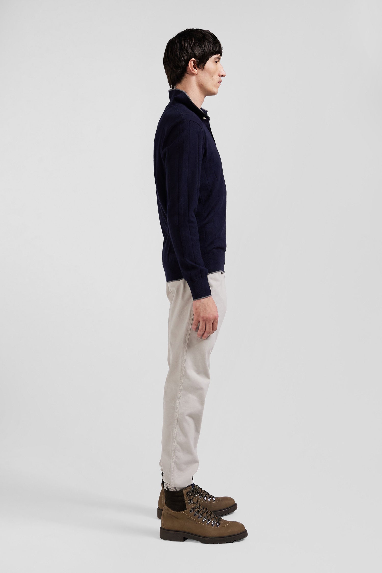 Regular Navy Blue Cotton And Cashmere Jumper With Rugby Shirt Collar_09