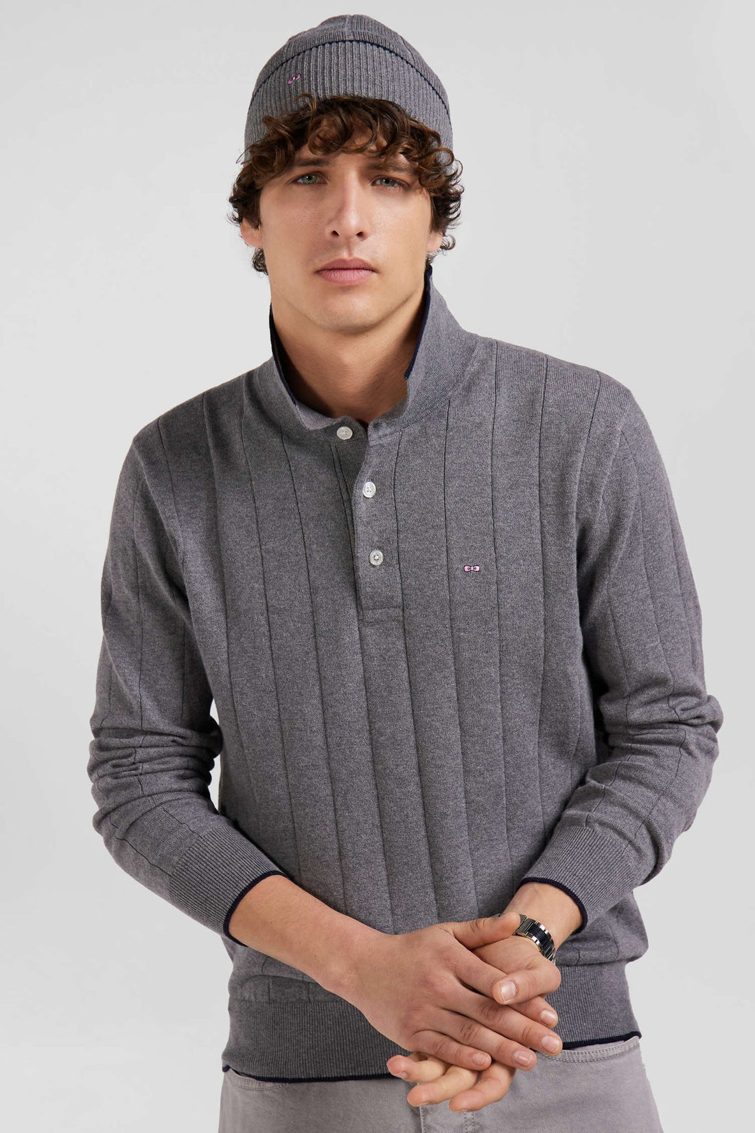 Regular Grey Cotton And Cashmere Jumper With Rugby Shirt Collar_01