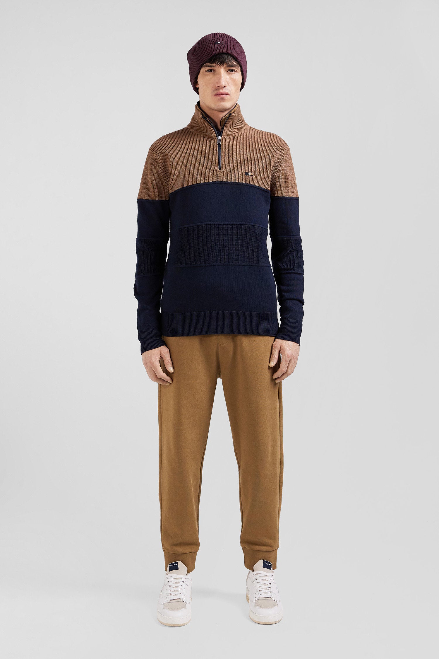 Regular Camel Cotton Semi-Zipped Jumper with Knit Patterns_H24MAIPU0026_BEF4_02