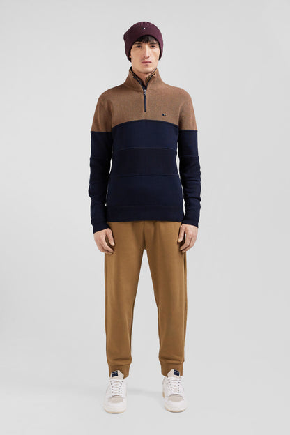 Regular Camel Cotton Semi-Zipped Jumper with Knit Patterns_H24MAIPU0026_BEF4_02