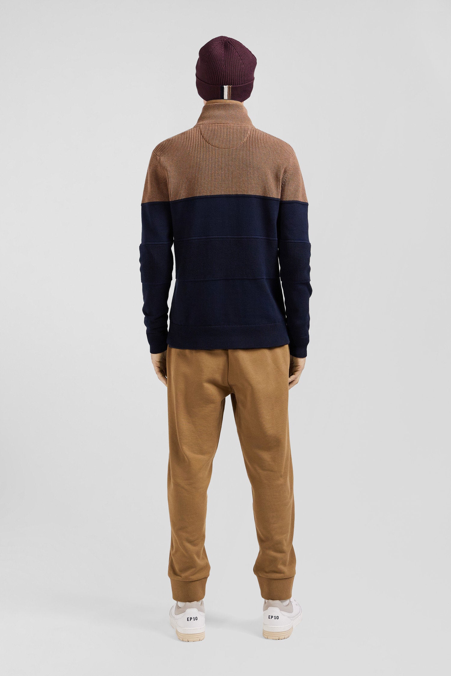 Regular Camel Cotton Semi-Zipped Jumper with Knit Patterns_H24MAIPU0026_BEF4_04