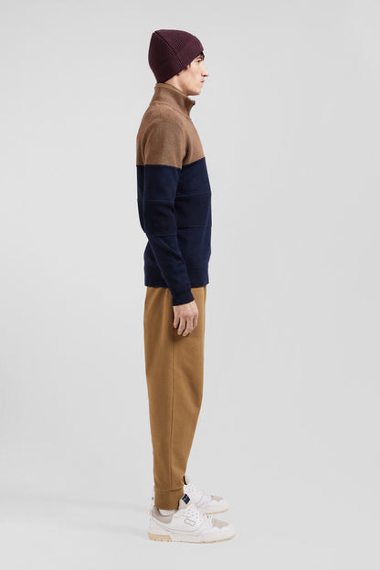 Regular Camel Cotton Semi-Zipped Jumper with Knit Patterns_H24MAIPU0026_BEF4_09