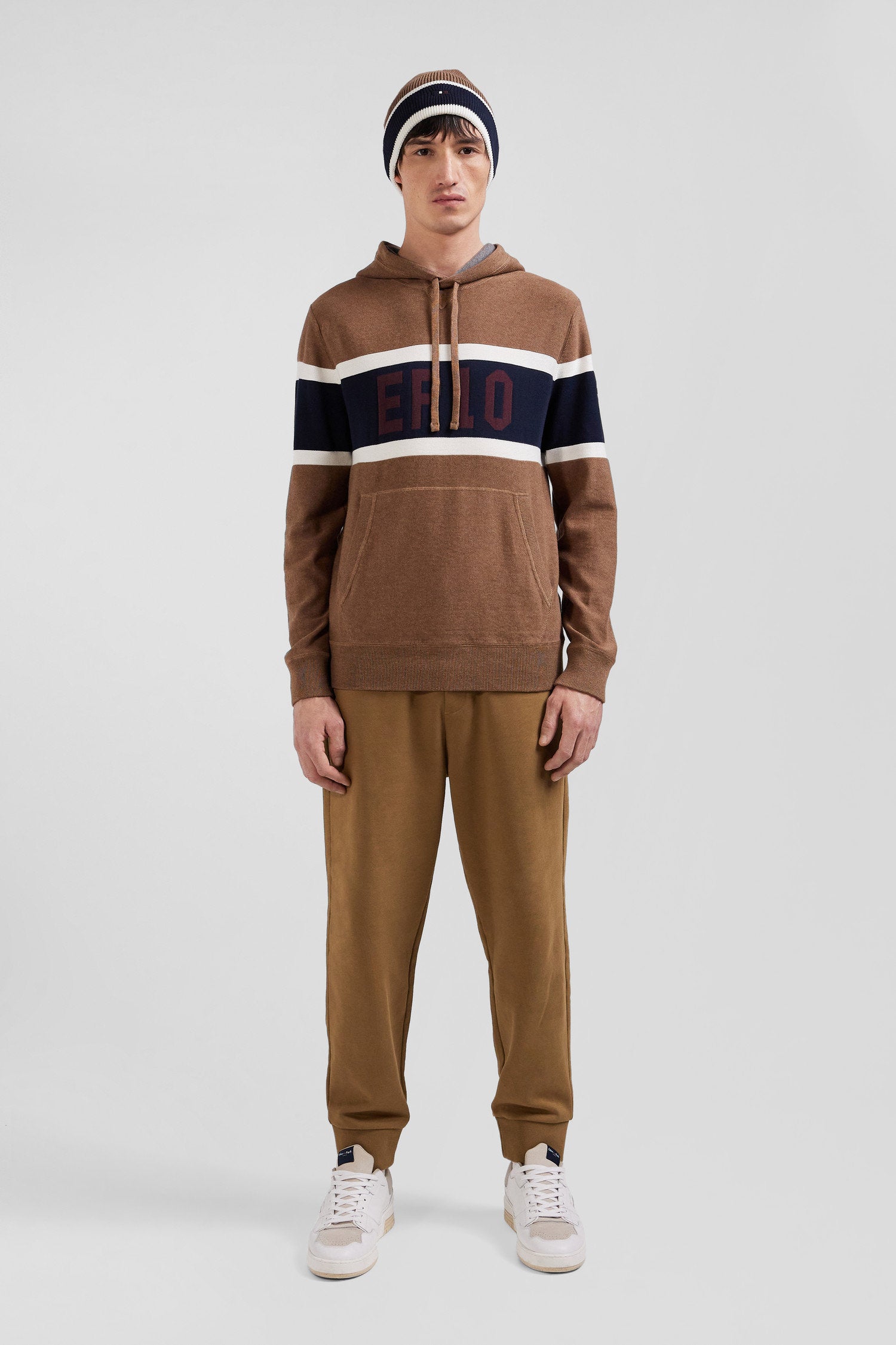 Regular Camel Cotton Hooded Jumper with Ep10 Jacquard_H24MAIPU0051_BEF4_02