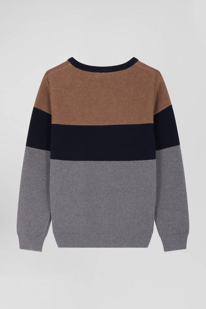 Regular Camel Tricolour Cotton Crew Neck Jumper_05