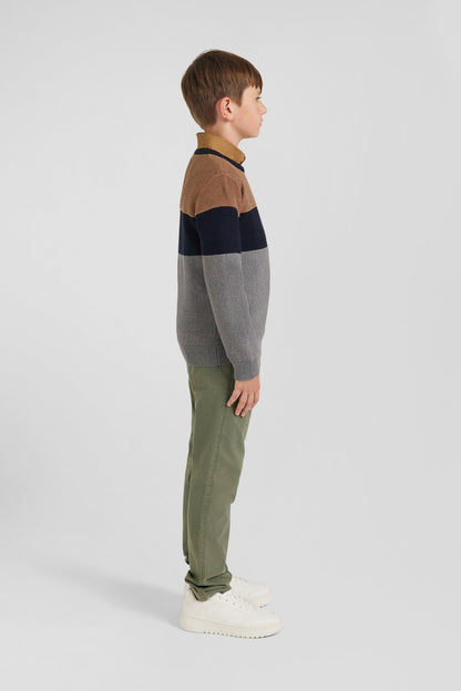 Regular Camel Tricolour Cotton Crew Neck Jumper_08