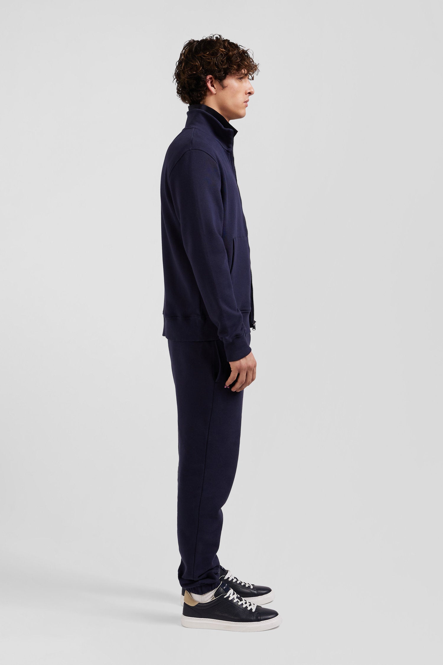 Regular Navy Zipped Brushed Cotton Fleece with High Top Collar_H24MAISW0011_BLF_09