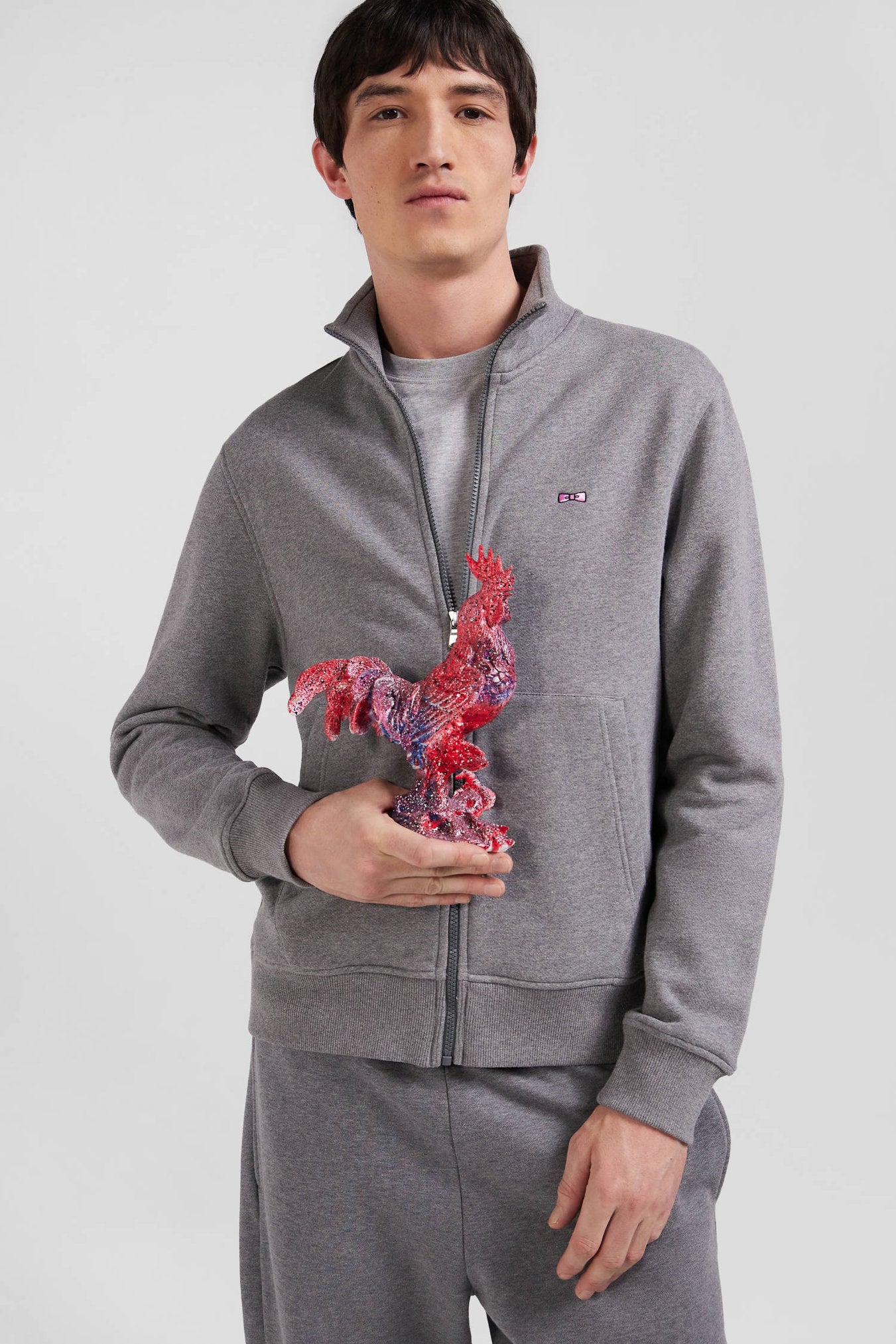 Regular Grey Zipped Brushed Cotton Fleece Sweatshirt with High Top Collar_H24MAISW0011_GRM_01