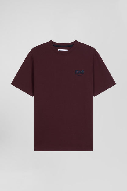 Regular Burgundy Short-Sleeved Cotton T-Shirt With Tie Patchwork Emblem_04