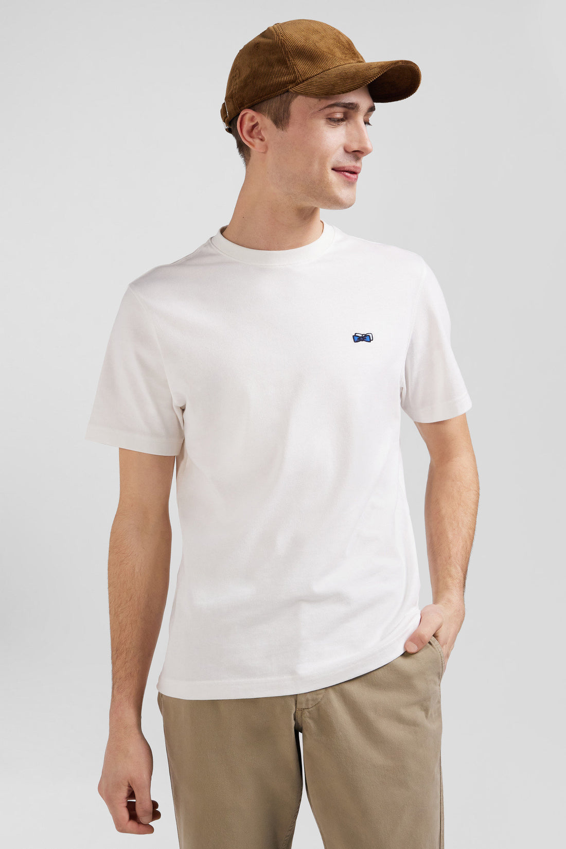 Regular Ecru Short-Sleeved Cotton T-Shirt With Back Embroidery_01