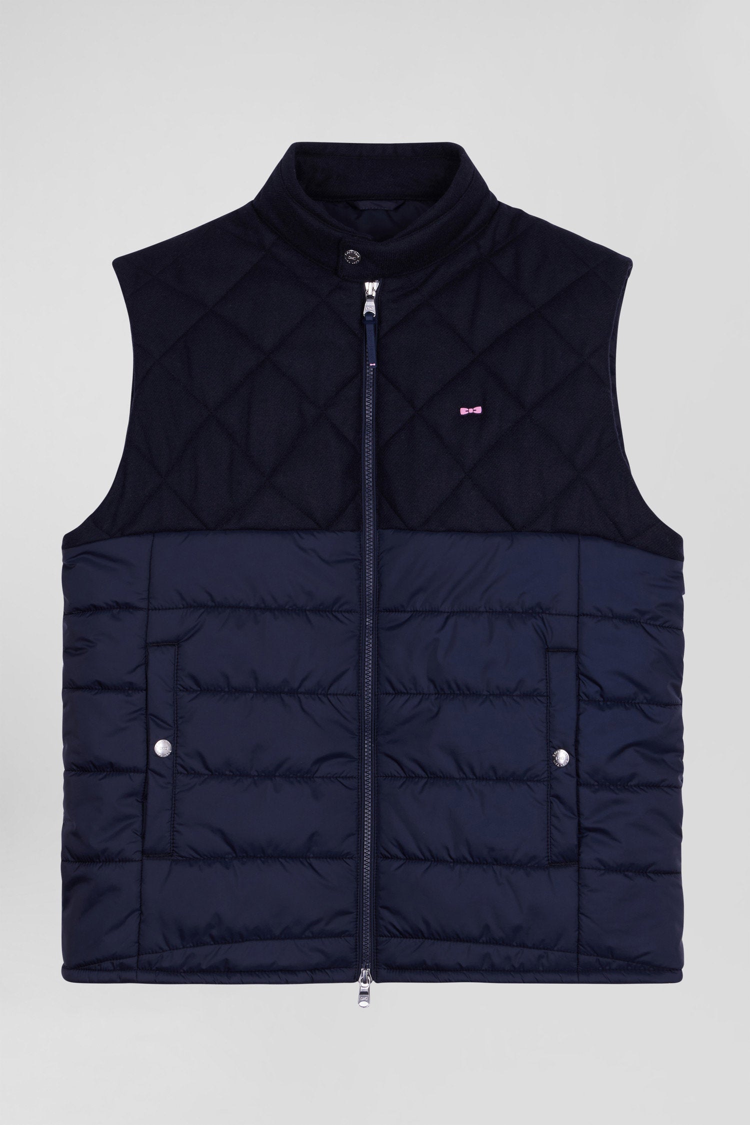 Navy Blue Sleeveless Double Quilted High Collar Down Vest_04