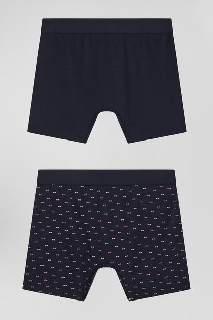 Set Of 2 Navy Blue Solid And Micro Pattern Stretch Cotton Boxers_02