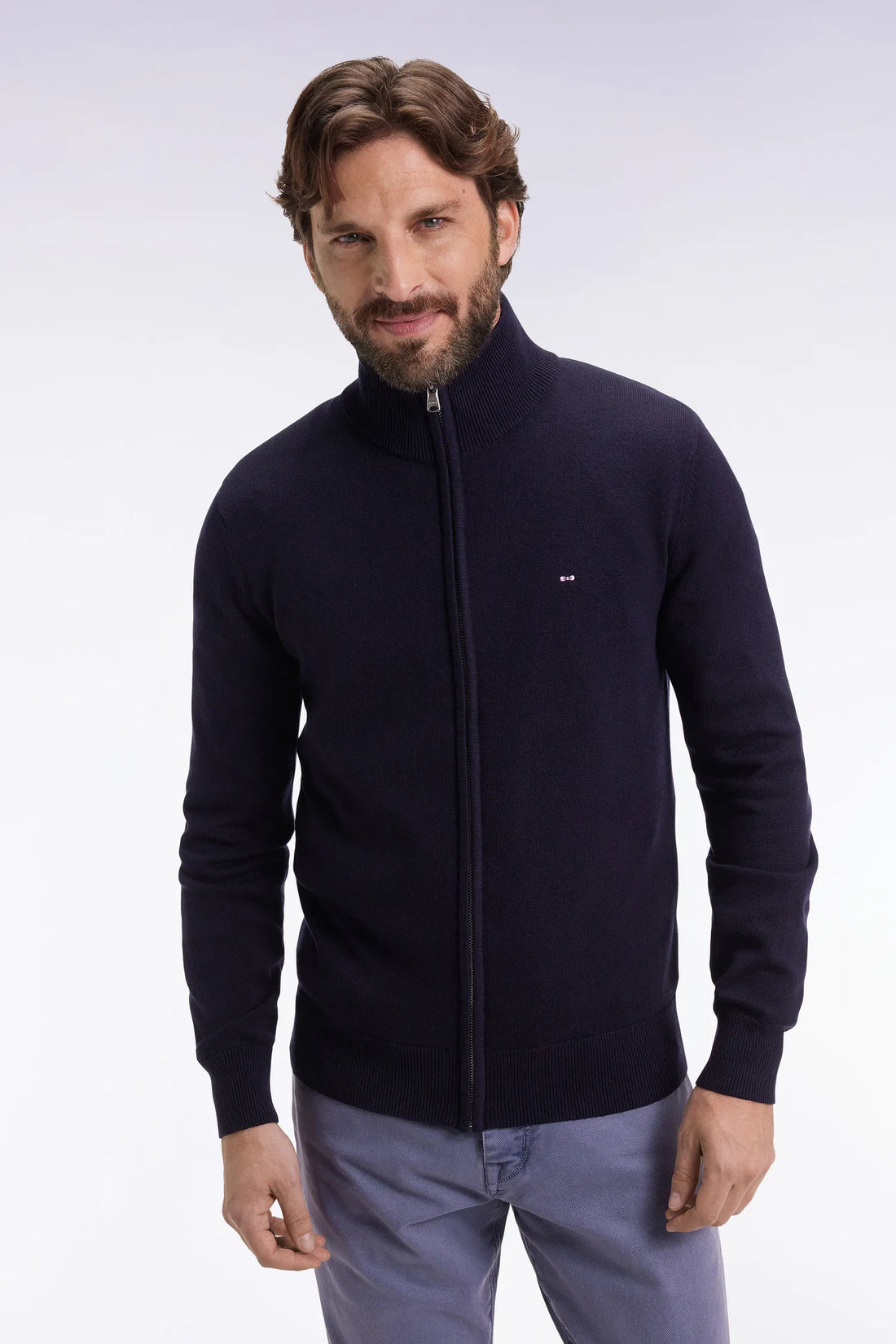 Eden Park_Blue_Zipped Cardigan in Wool and Navy Cotton Straight Cut_H25MAICA0001_BLF27_01