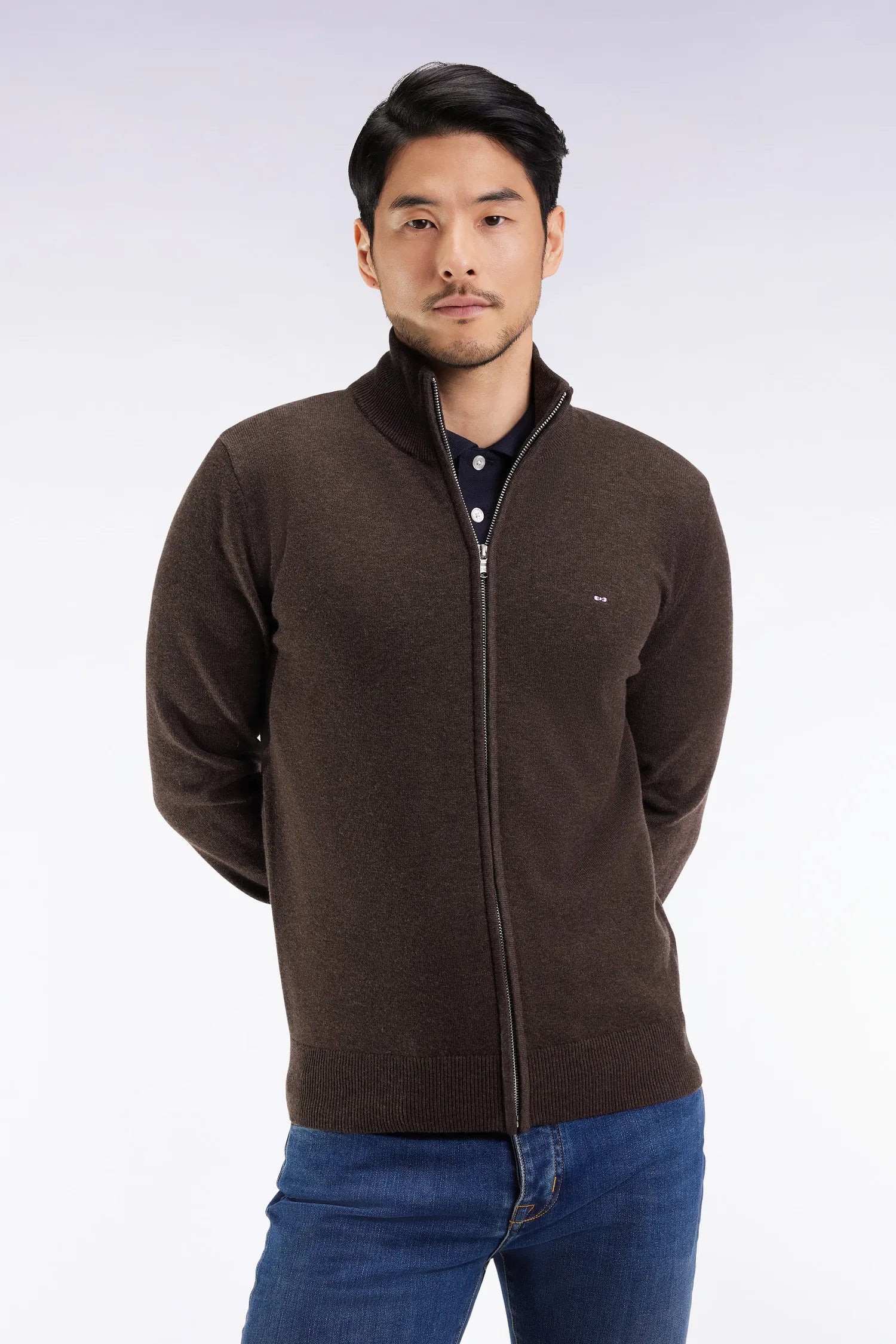 Eden Park_Brown_Brown Wool and Cotton Zip-Up Cardigan with a Straight Cut_H25MAICA0001_MAM20_01