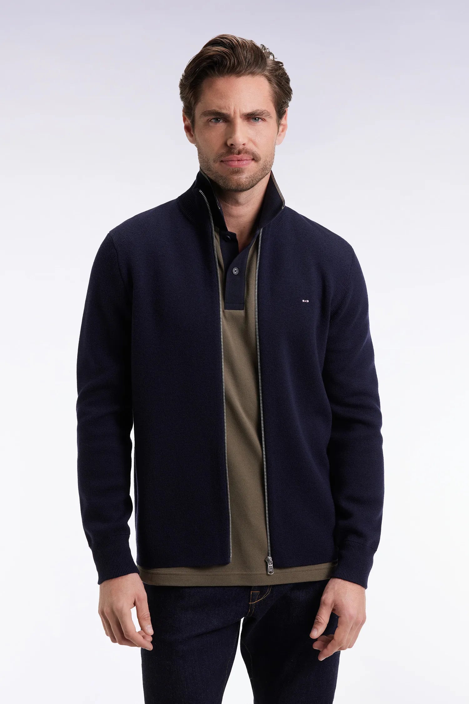 Eden Park_Blue_Straight Cut Navy Merino Wool Cardigan_H25MAICA0007_BLF_01