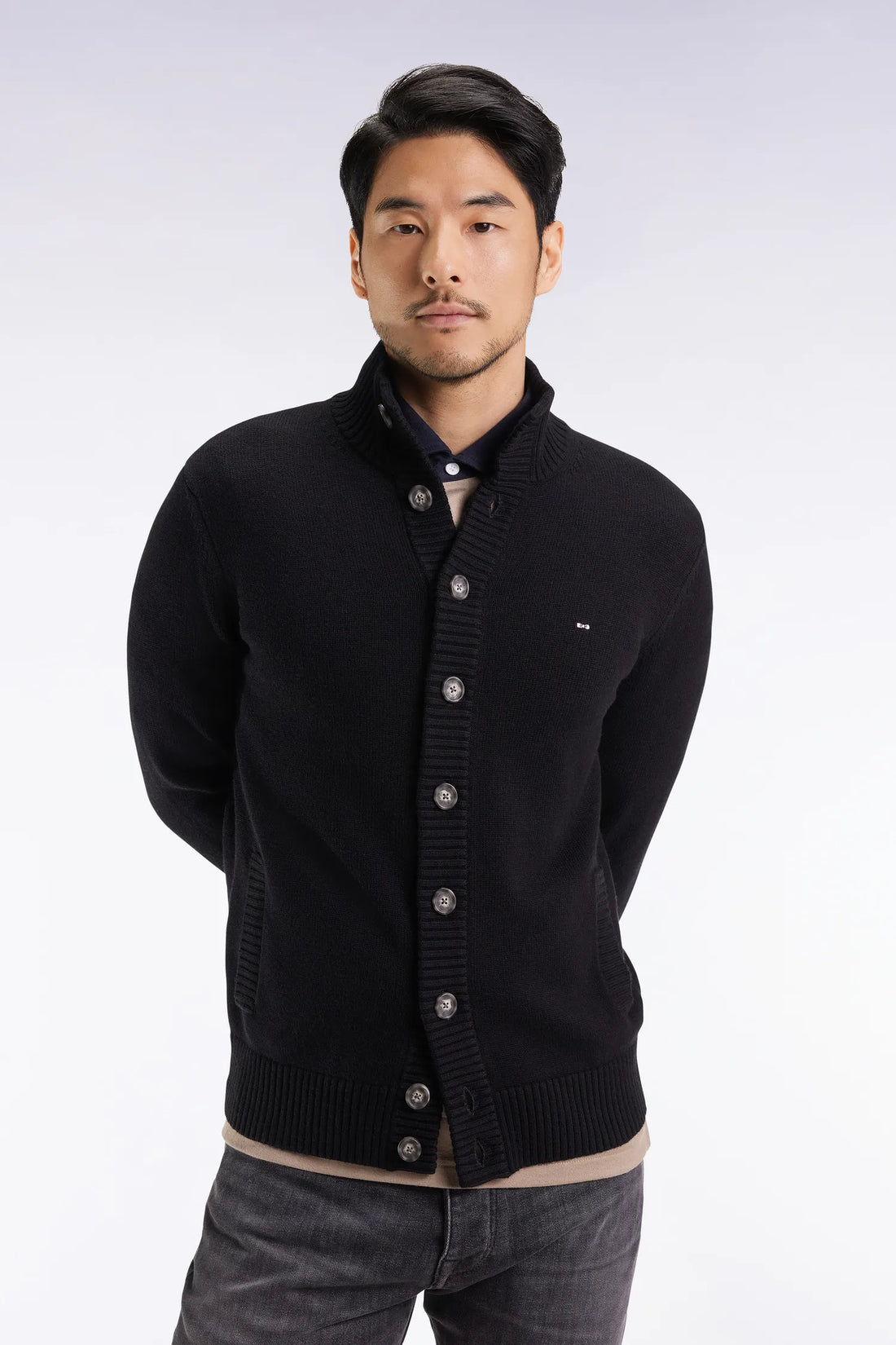 Eden Park_Black_Black Wool and Cotton High-Neck Cardigan_H25MAICA0010_NO_01