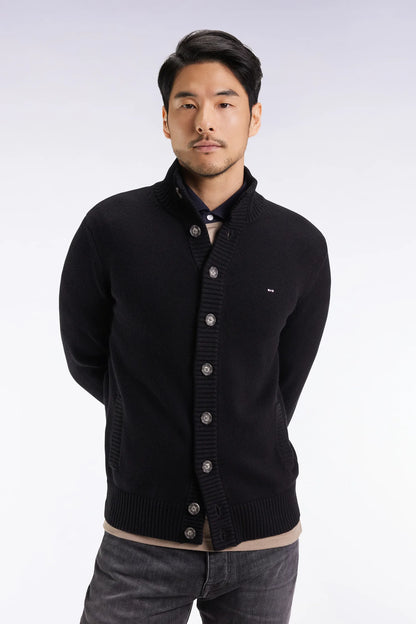 Eden Park_Black_Black Wool and Cotton High-Neck Cardigan_H25MAICA0010_NO_01