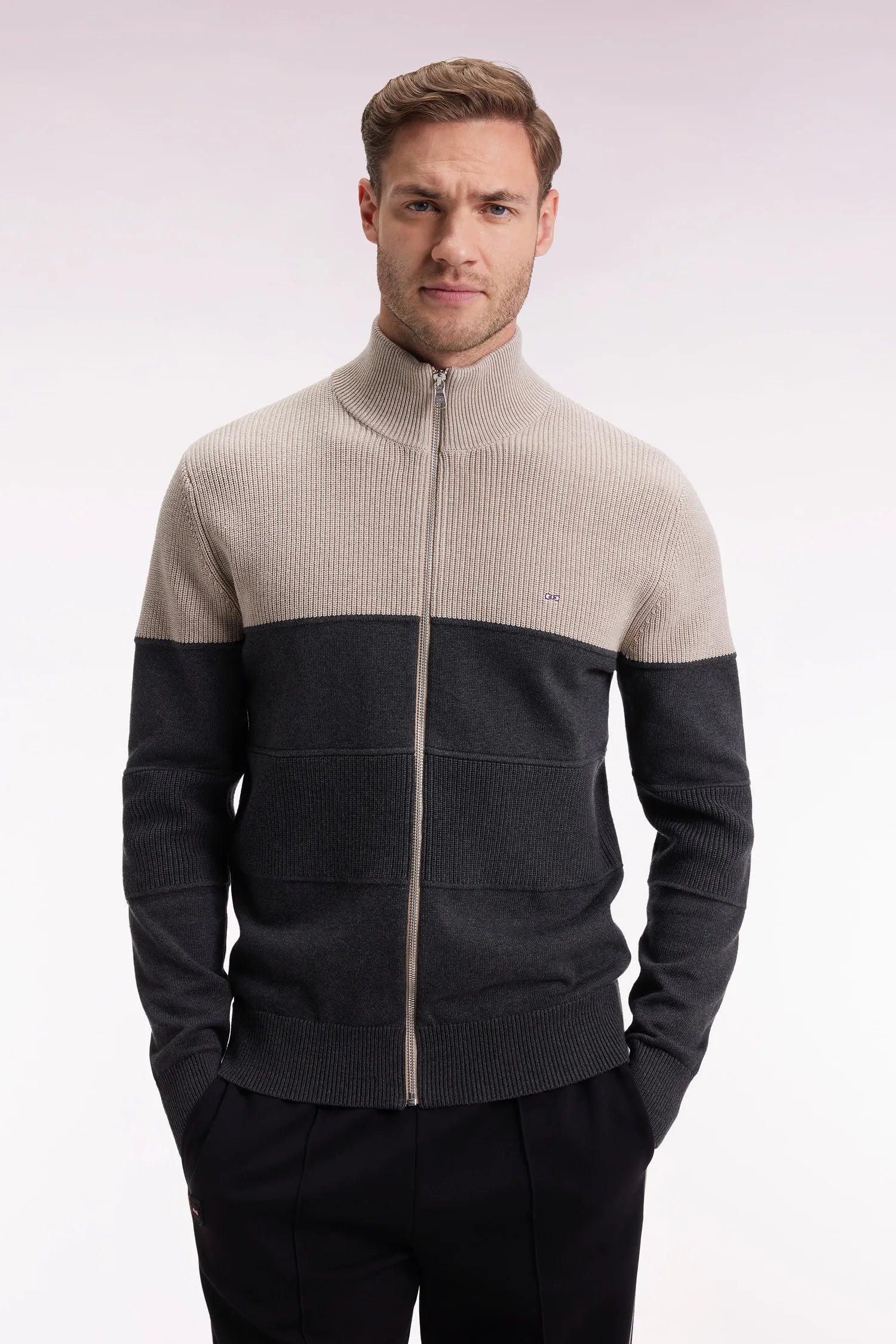 Eden Park_Multi-Color_Two-Tone Beige and Grey Zip-Up Cotton Cardigan with a Straight Cut_H25MAICA0012_GRF11_01