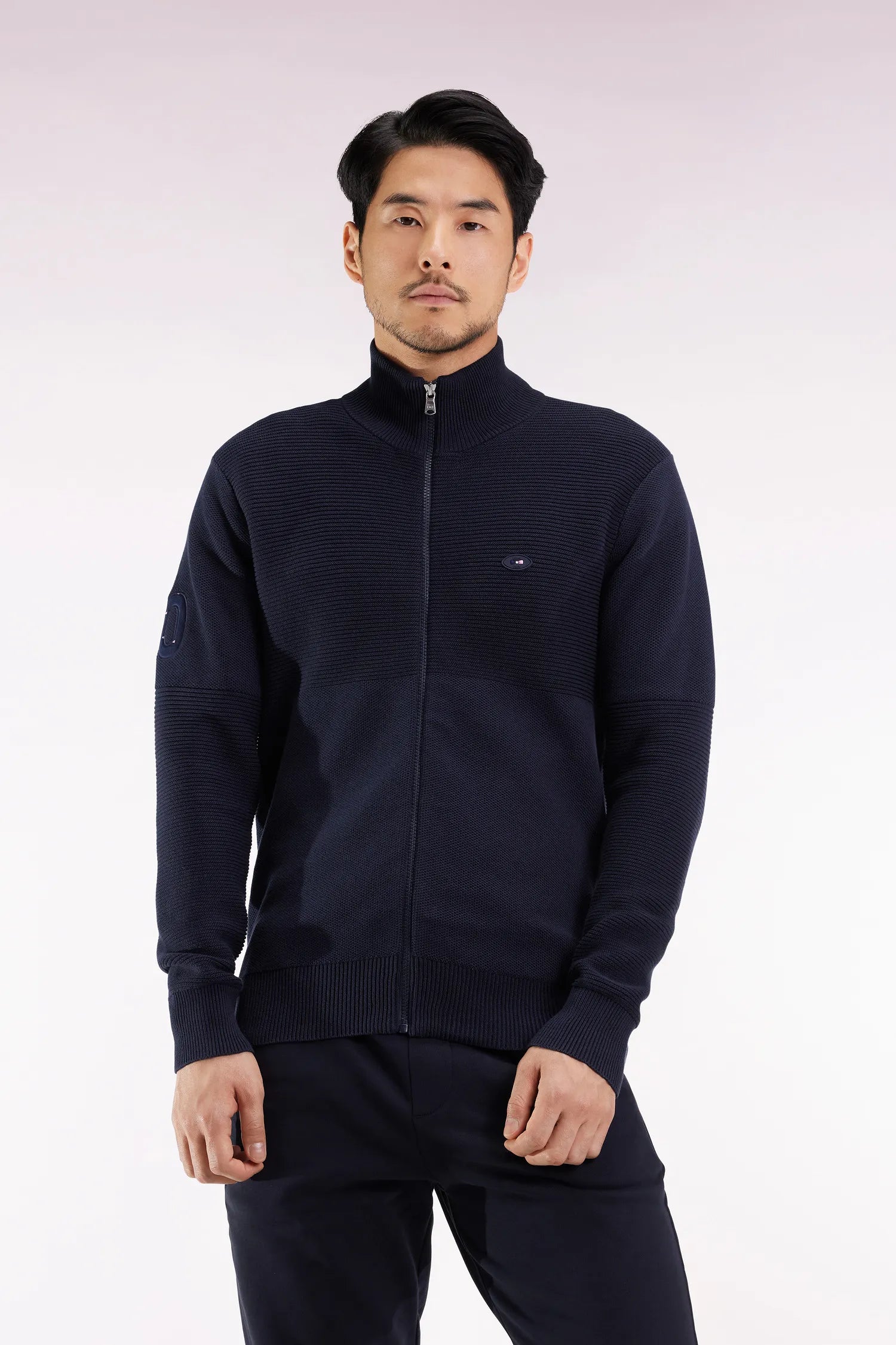 Eden Park_Blue_XV De France Zipped Cardigan in Navy Cotton_H25MAICA0034_BLF_01