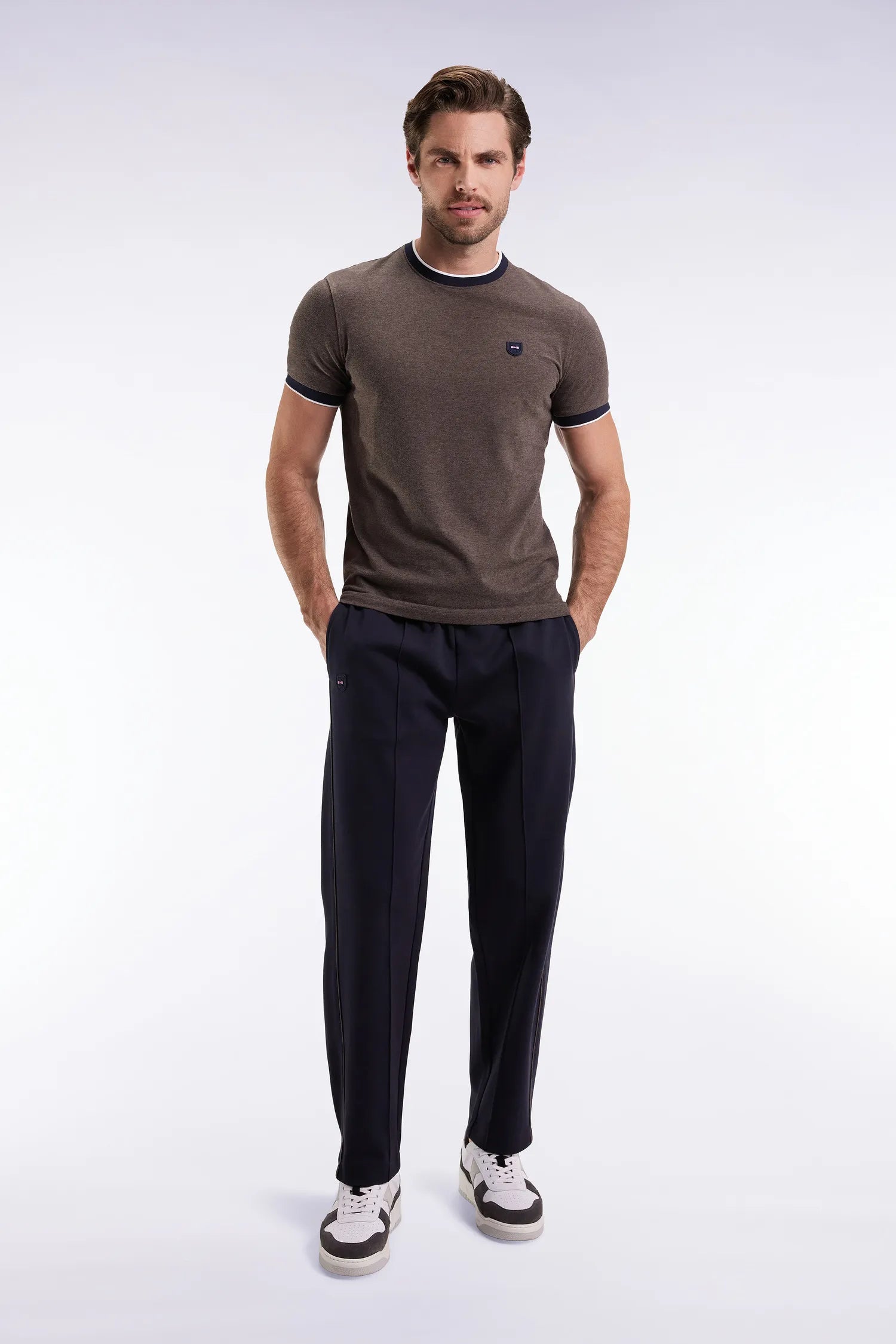 Eden Park_Blue_Navy Brushed Fleece Joggers with Piping and Straight Cut Front Pleats_H25MAIJO0013_BLF_01