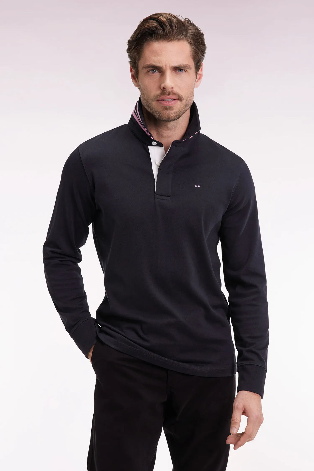 Eden Park_Black_Long-Sleeved Jersey in Black Jersey with Striped Collar_H25MAIML0004_NO_01