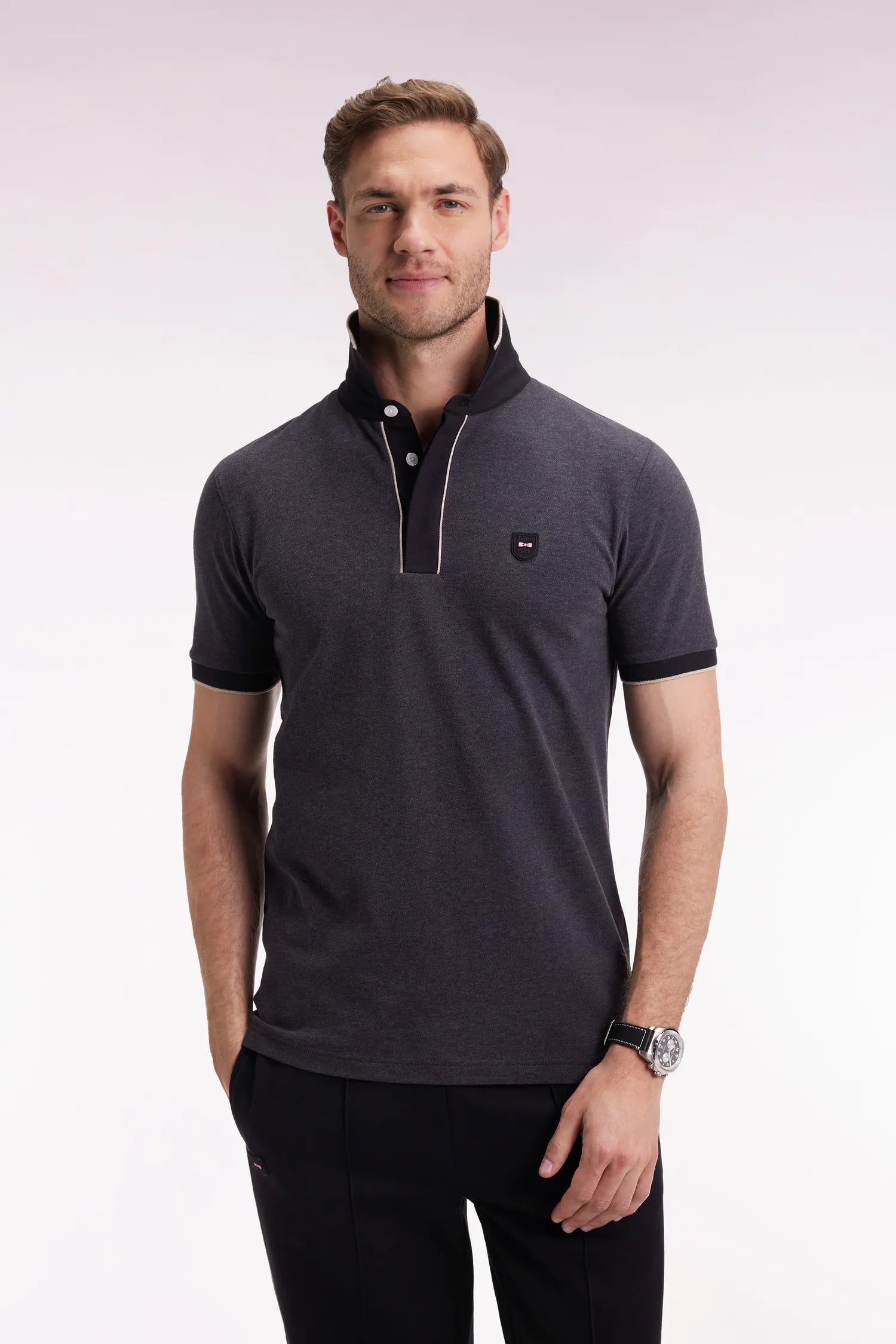Eden Park_0_Short-Sleeved Polo Shirt in Grey Stretch Cotton PiquŽ Slim Fit_H25MAIPC0027_GRF11_01