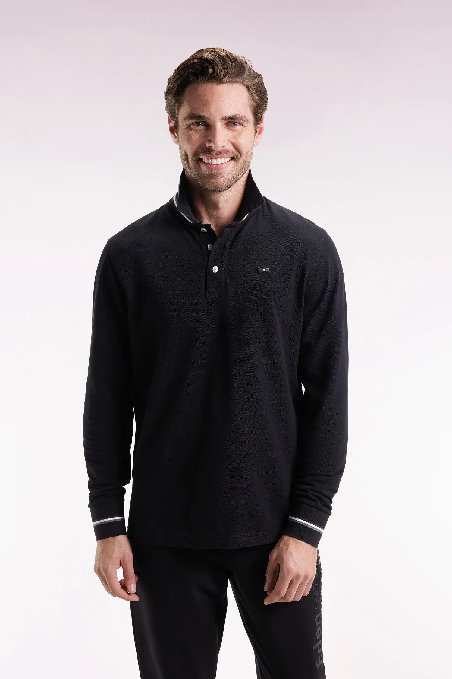 Eden Park_0_Long-Sleeved Polo Shirt in Black Cotton with a Relaxed Fit_H25MAIPL0006_NO_01