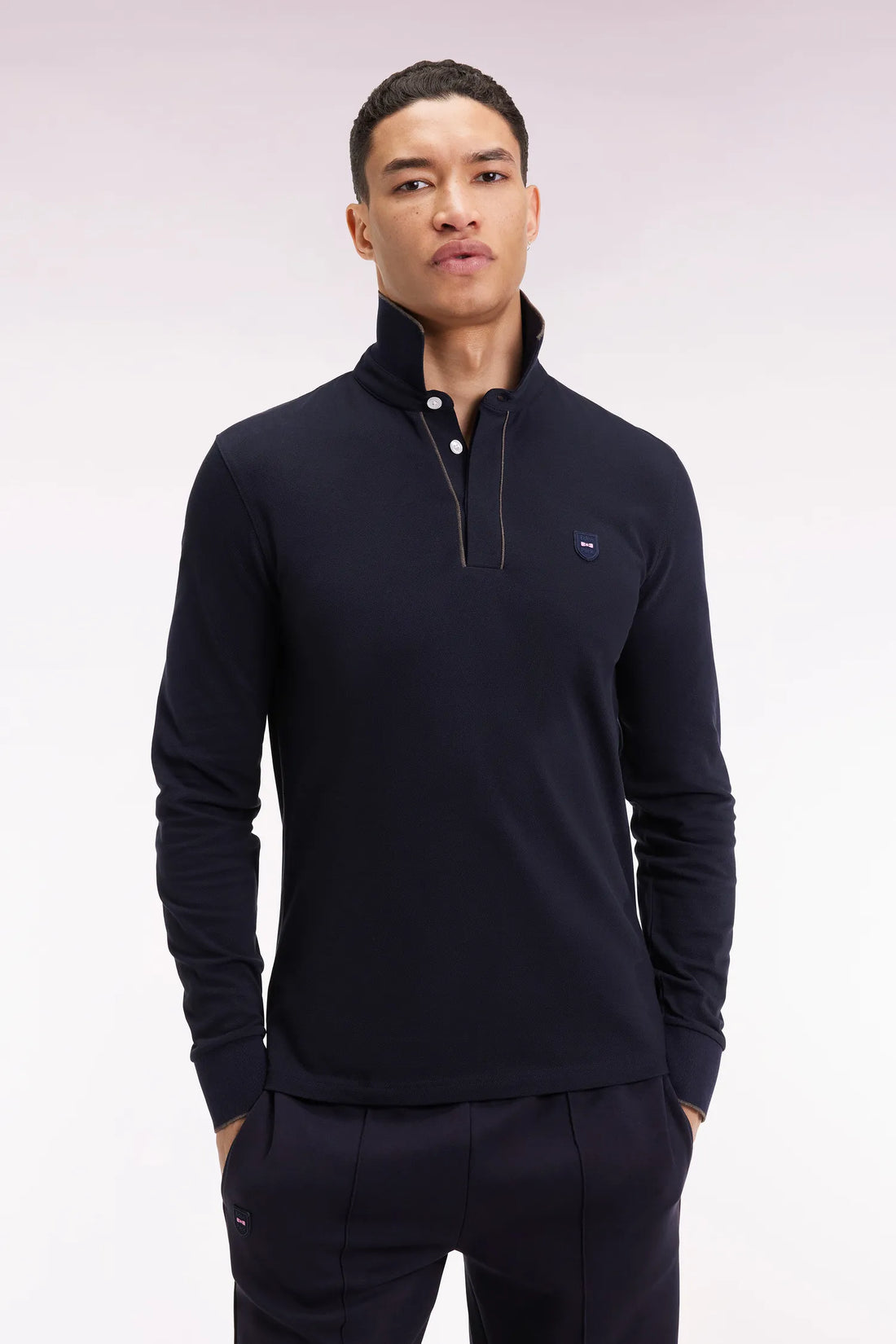 Eden Park_Blue_Long-Sleeved Polo Shirt in Navy Cotton Stretch with Slim Fit_H25MAIPL0008_BLF_01