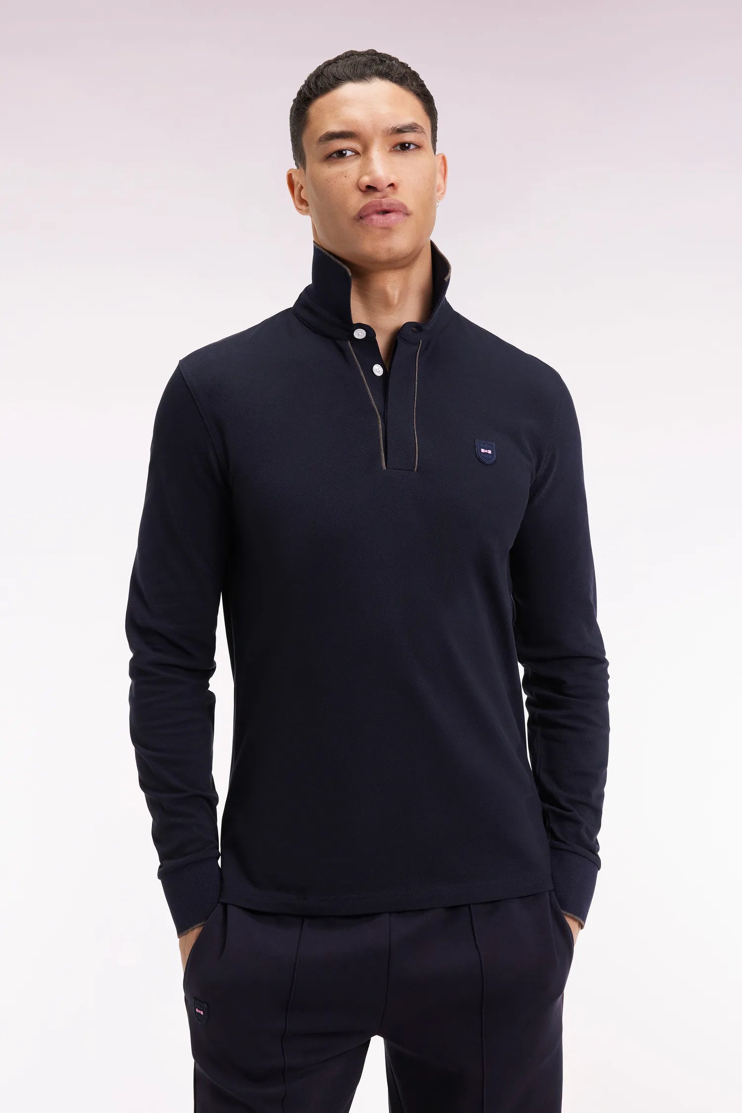 Eden Park_Blue_Long-Sleeved Polo Shirt in Navy Cotton Stretch with Slim Fit_H25MAIPL0008_BLF_01