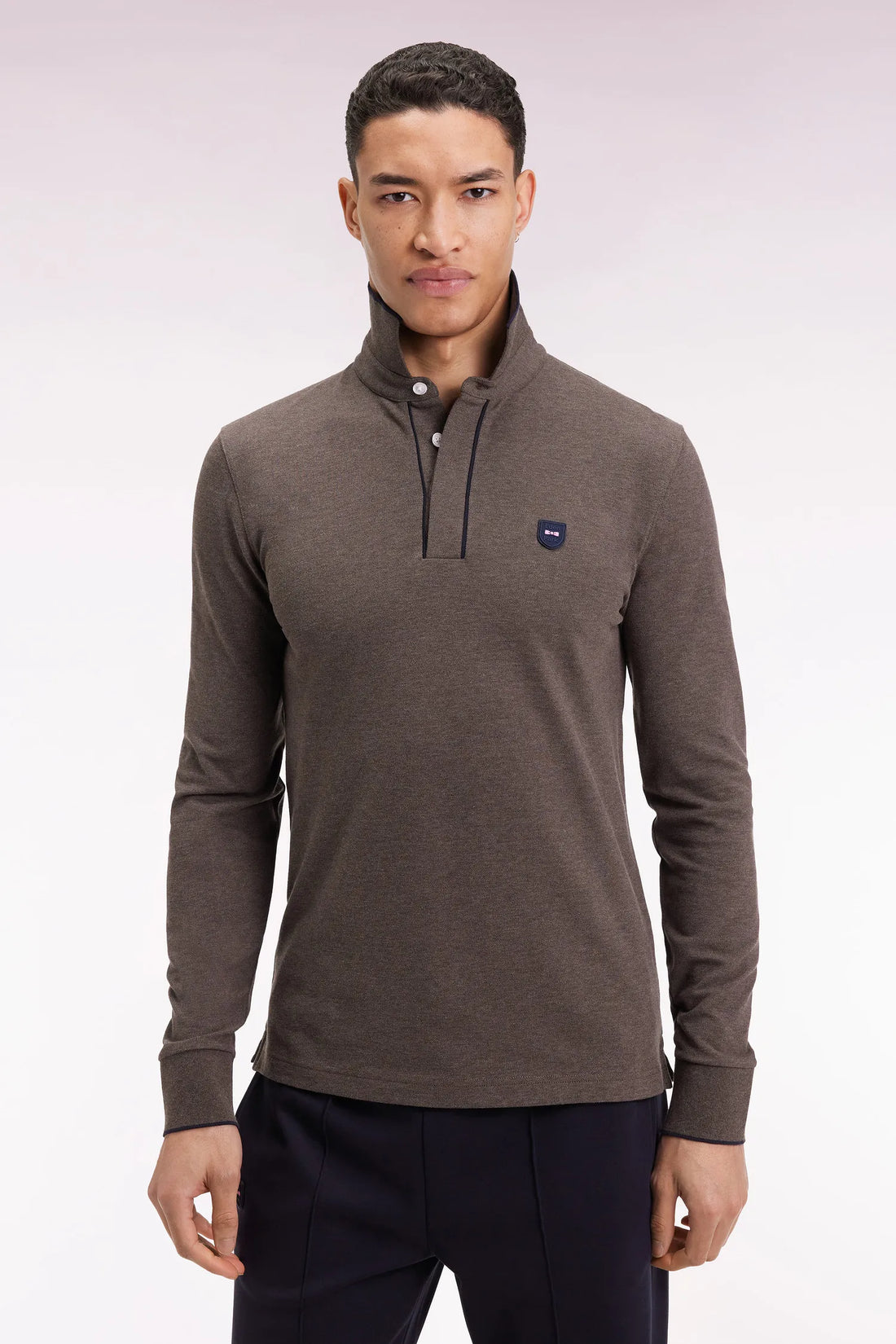 Eden Park_Brown_Long-Sleeved Polo Shirt in Brown Stretch Cotton with Slim Fit_H25MAIPL0008_MAM20_01
