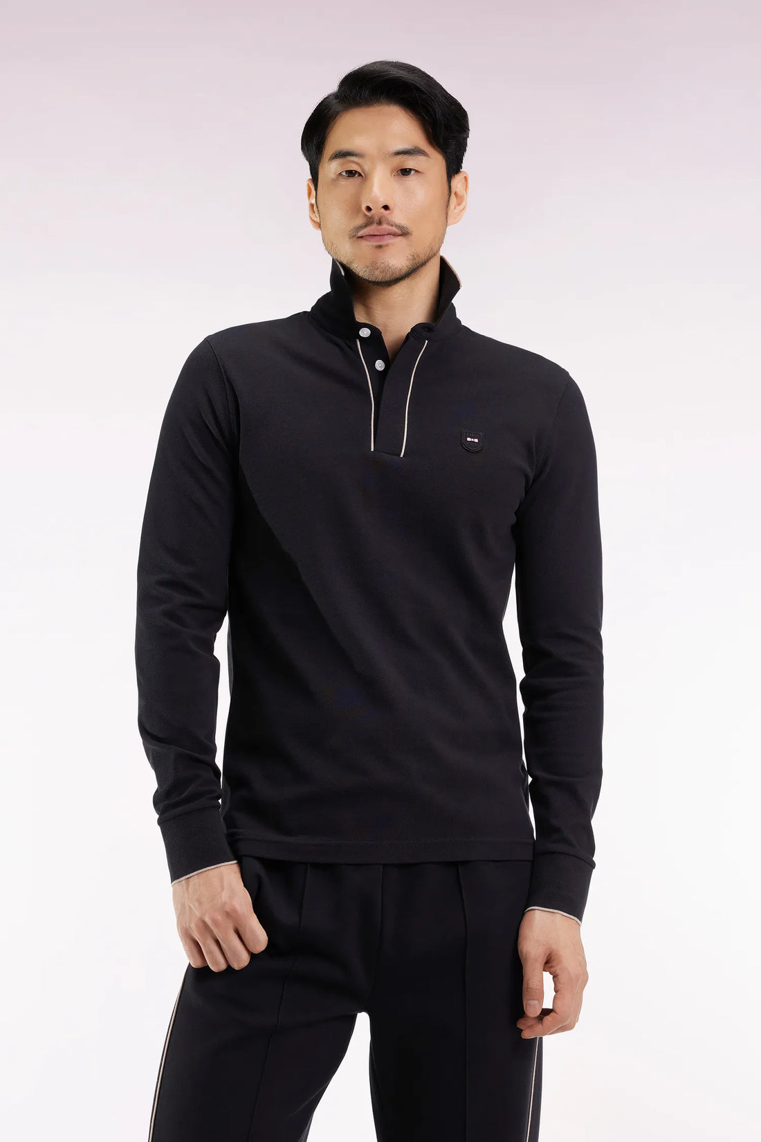 Eden Park_0_Long-Sleeved Polo Shirt in Black Stretch Cotton with Slim Fit_H25MAIPL0008_NO_01