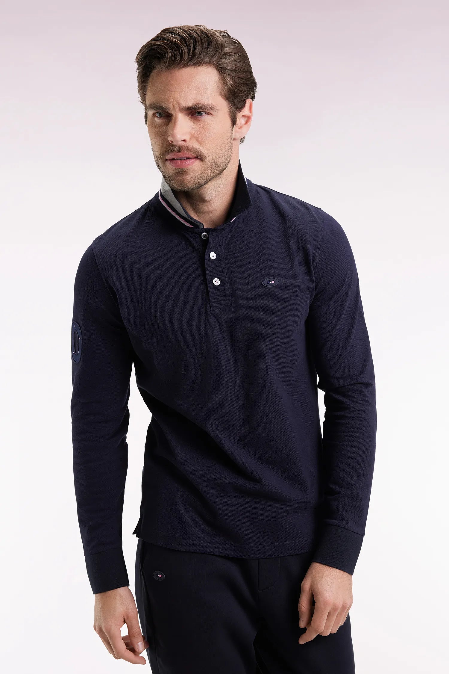 Eden Park_0_Straight-Cut Embroidered Navy Cotton Long-Sleeved Polo Shirt_H25MAIPL0011_BLF_01
