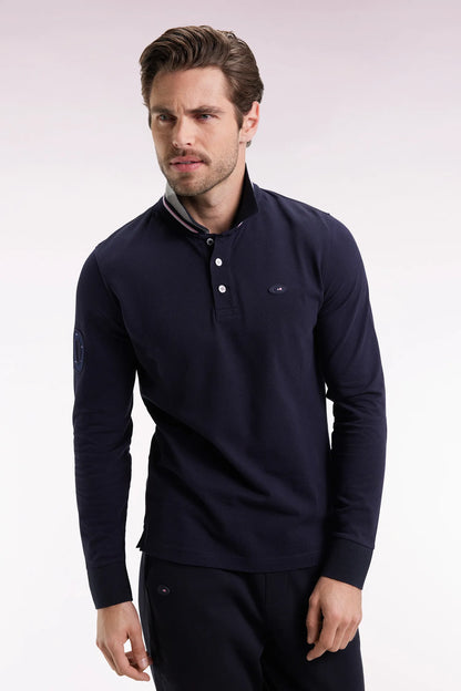Eden Park_0_Straight-Cut Embroidered Navy Cotton Long-Sleeved Polo Shirt_H25MAIPL0011_BLF_01