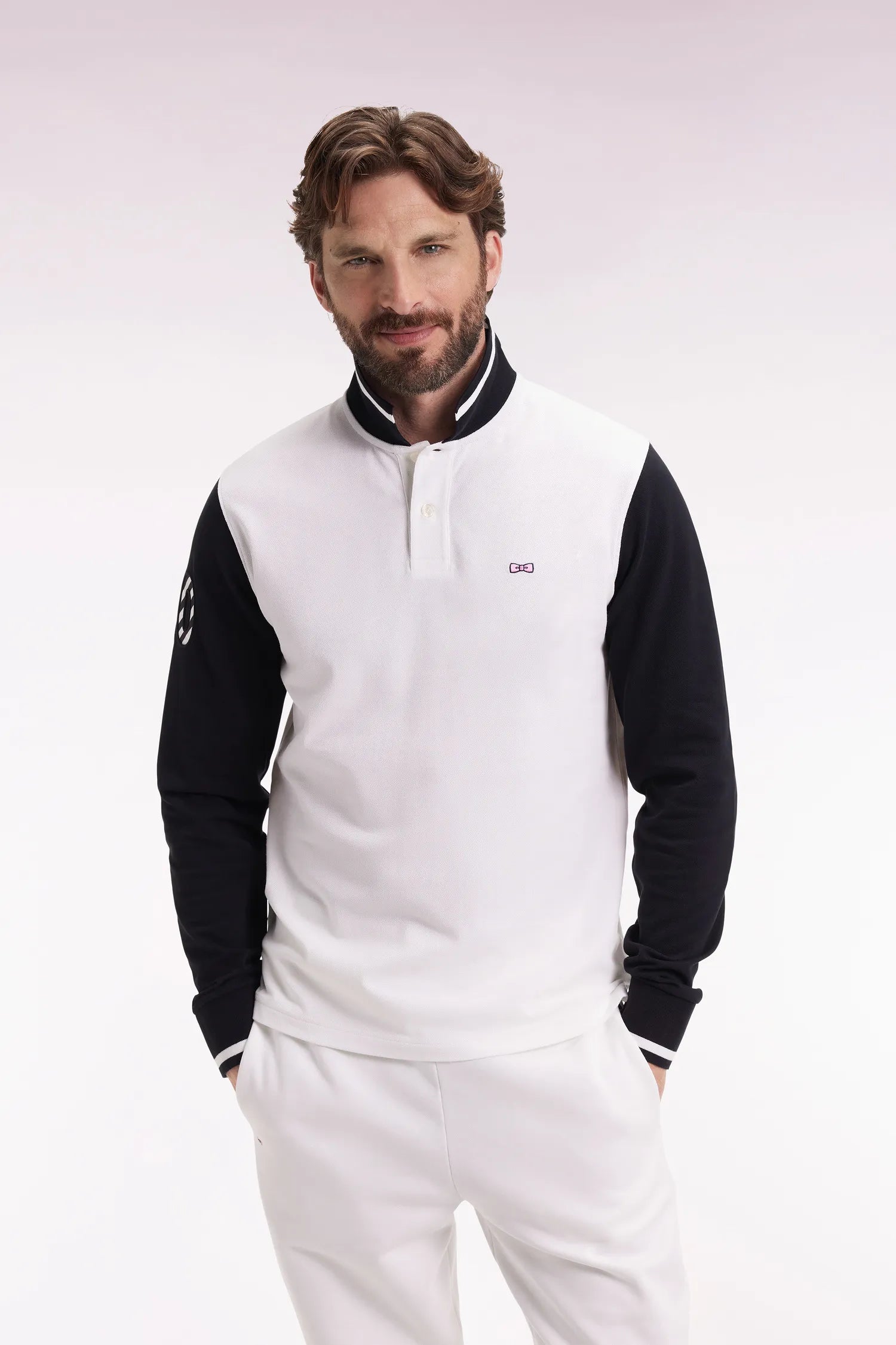 Eden Park_White_Two-Tone White Cotton PiquŽ Long-Sleeved Polo Shirt with Embroidery 10_H25MAIPL0023_ECC_01