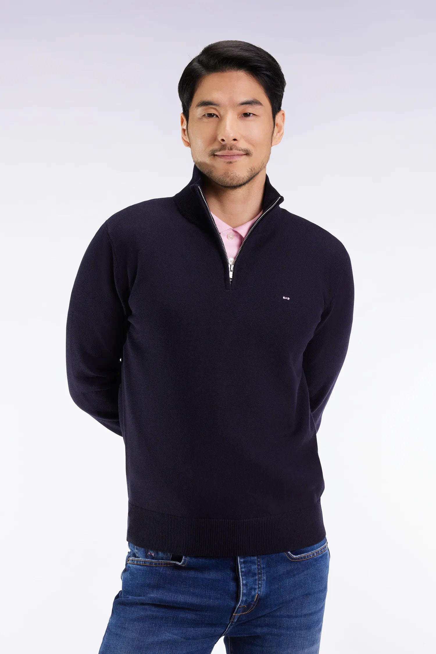 Eden Park_Blue_Dark Blue Wool and Cotton Trucker Collar Sweater_H25MAIPU0002_BLF27_01