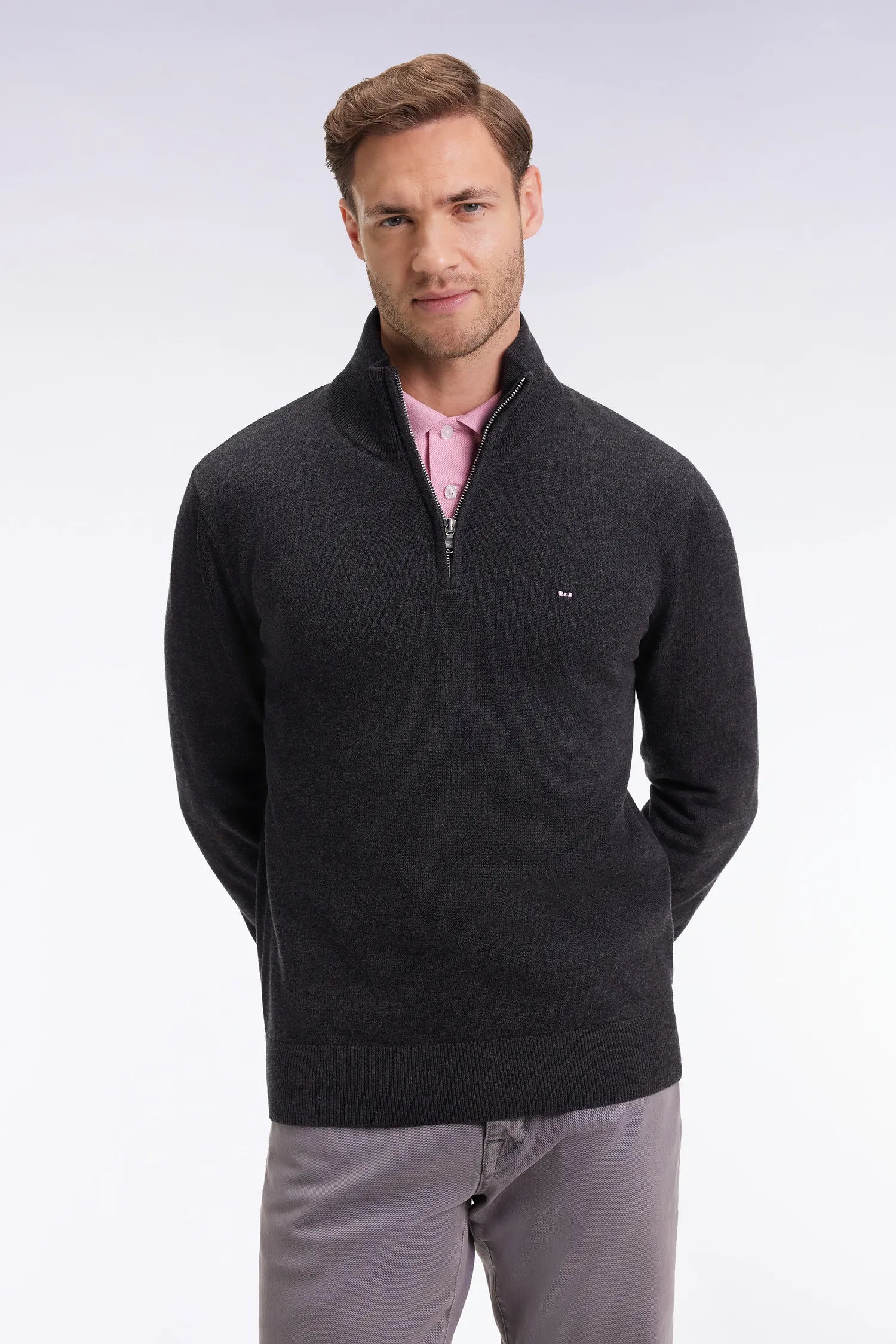 Eden Park_Grey_Dark Grey Wool and Cotton Trucker Collar Sweater_H25MAIPU0002_GRF7_01