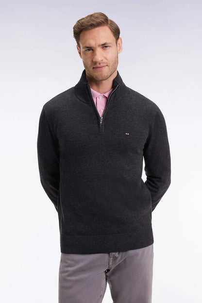Eden Park_Grey_Dark Grey Wool and Cotton Trucker Collar Sweater_H25MAIPU0002_GRF7_01