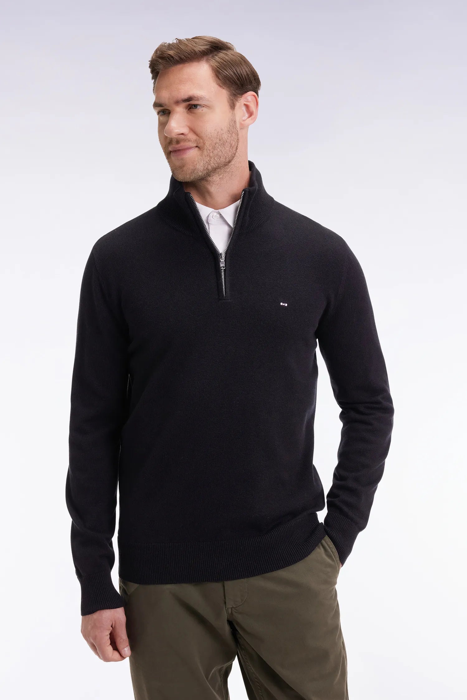 Eden Park_Black_Trucker Collar Sweater in Wool and Black Cotton_H25MAIPU0002_NO_01