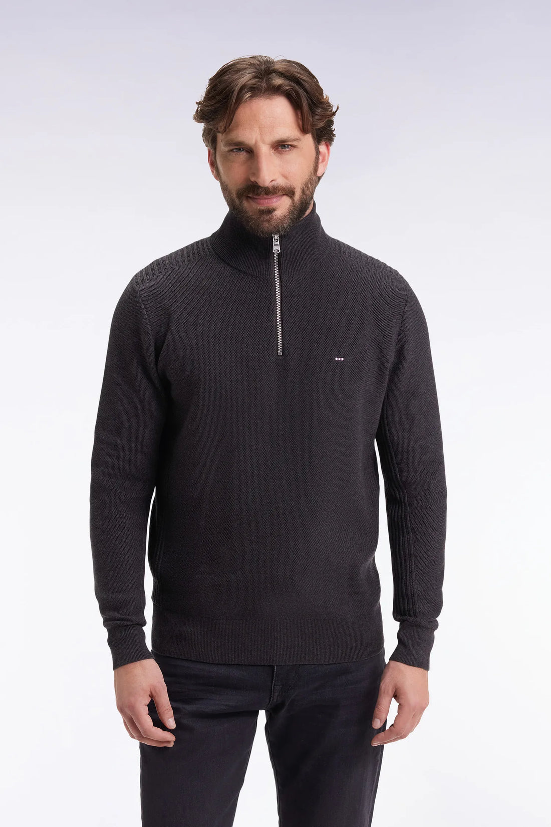 Eden Park_Grey_Dark Grey Honeycomb Cotton Trucker Collar Sweater_H25MAIPU0017_GRF7_01