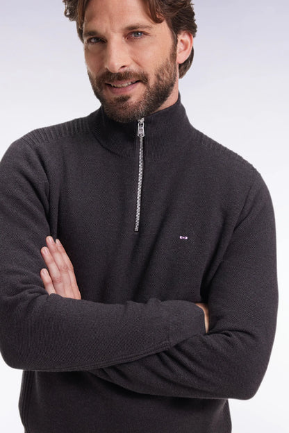 Eden Park_Grey_Dark Grey Honeycomb Cotton Trucker Collar Sweater_H25MAIPU0017_GRF7_03