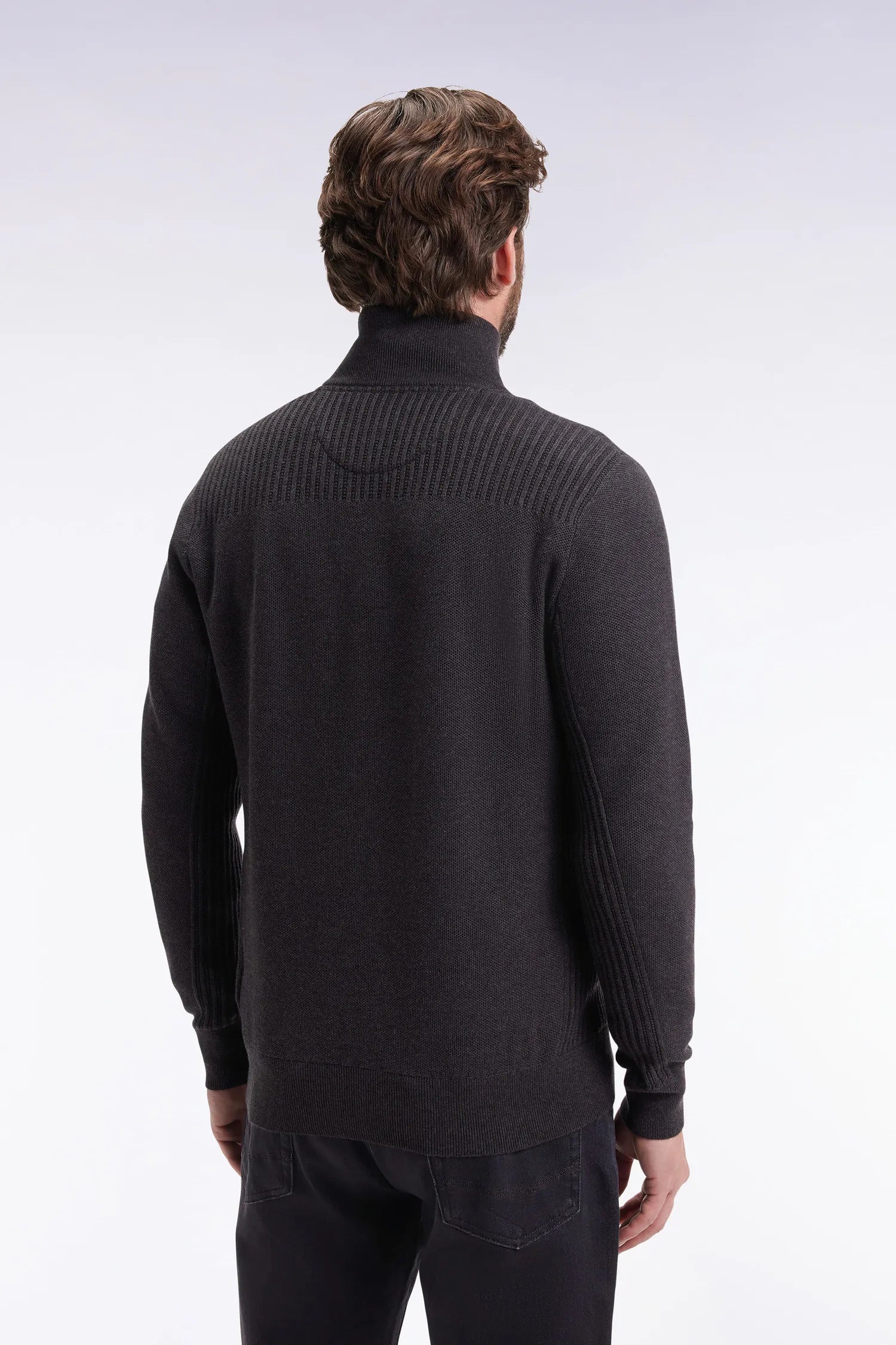 Eden Park_Grey_Dark Grey Honeycomb Cotton Trucker Collar Sweater_H25MAIPU0017_GRF7_05